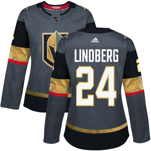 Adidas Vegas Golden Knights #24 Oscar Lindberg Grey Home Authentic Women Stitched NHL Jersey